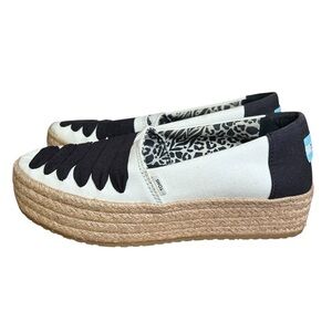 TOMS Valencia Espadrille Platform Slip-on Shoes Natural Canvas Black Womens Sz 7